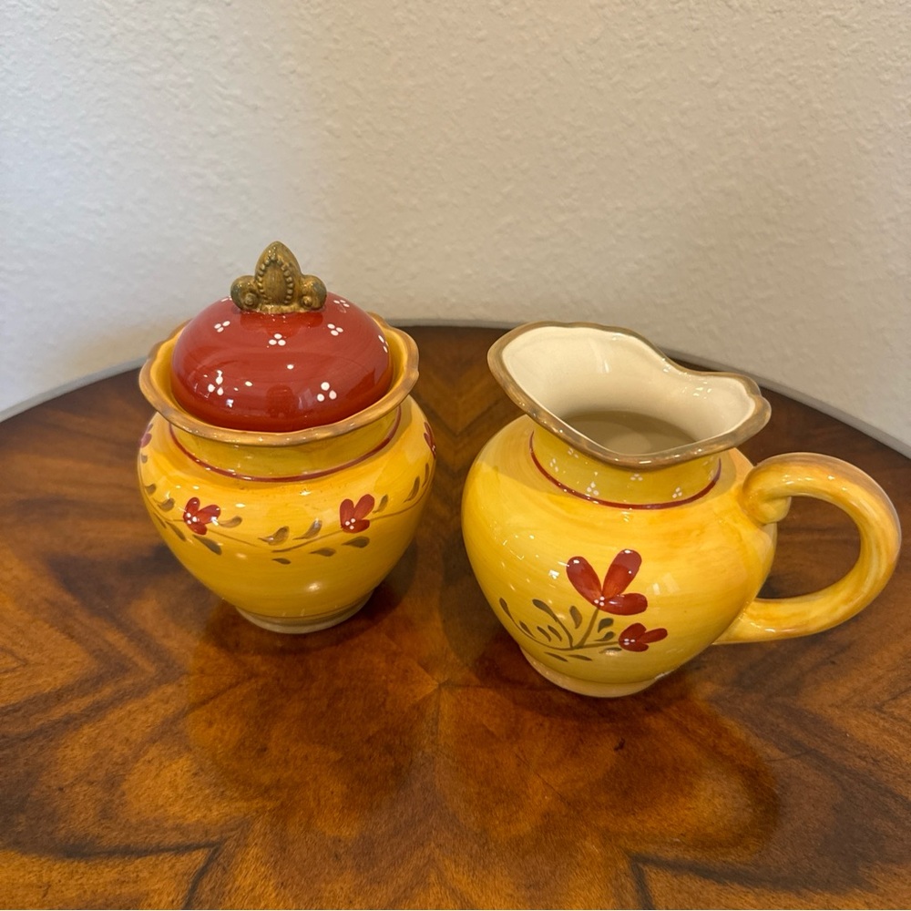 Vintage Bienvenue Yellow and Red Floral Ceramic sugar bowl and creamer s… - Picture 2 of 10